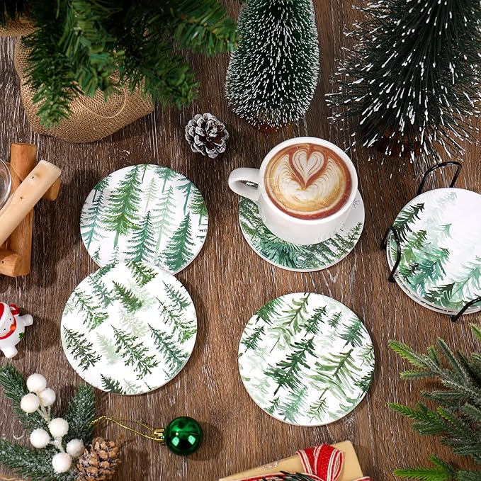Whaline 6 Pcs Christmas Coasters Cup Mat with Metal Holder Watercolor Cedar Pine Forest Ceramic Drink Coasters for Xmas Winter Holiday Party Home Kitchen Bar Table Decor