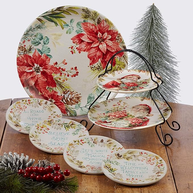Christmas Story 16pc Dinnerware Set – Service for 4 with Santa Plates, Bowls & Mugs – Vintage Holiday Ceramic Set Featuring Festive Art, Red Accents & Seasonal Charm