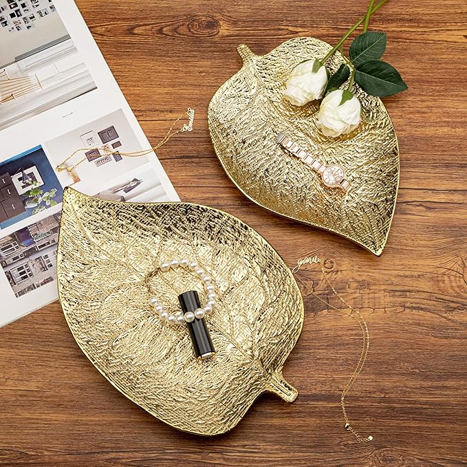 Oversized Leaf-Shaped Ceramic Jewelry Tray Set of 2, Extra Large Decorative Tray Gold Vanity Trays for Rings, Necklaces, Keys, Gifts for Mom, Coffee Table Decor, Entryway Table Trays