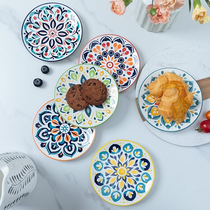 LEHAHA Porcelain Appetizer Plates Set of 6, 6 Inch Small Ceramic Dessert Plates, 6-Piece Floral Round Plates for Salad, Appetizer, Snack, Microwave & Dishwasher Safe