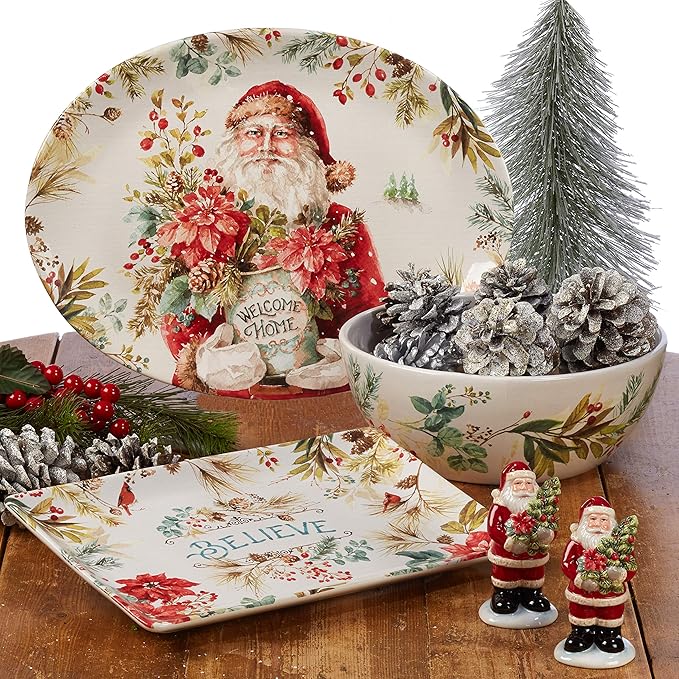 Christmas Story 16pc Dinnerware Set – Service for 4 with Santa Plates, Bowls & Mugs – Vintage Holiday Ceramic Set Featuring Festive Art, Red Accents & Seasonal Charm