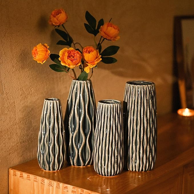 VICTOR & TERESA Ceramic Vase for Flowers, 8'' Set of 2 Decorative Vintage Blue Vases for Home Decor, Farmhouse Vases for Pampas Grass, Table, Mantel, Living Room, Shelf, Centerpieces, Gifts for Mom