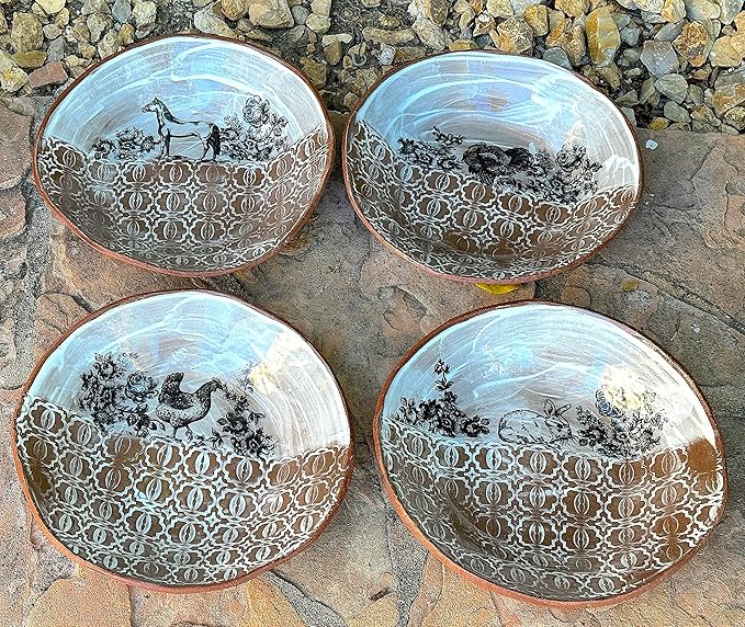 Ceramic White Brown Animal Pasta or Salad Plate Set of 4, Unique Handmade Pottery Tableware, Housewarming Gift for Women, Men, Couples