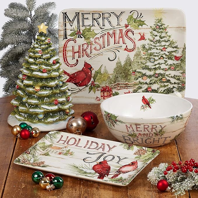 Evergreen Christmas 16-Piece Dinnerware Set – Ceramic Holiday Plates, Bowls & Mugs with Cardinal & Script Design – Service for 4 – Festive Dining for Christmas Gatherings