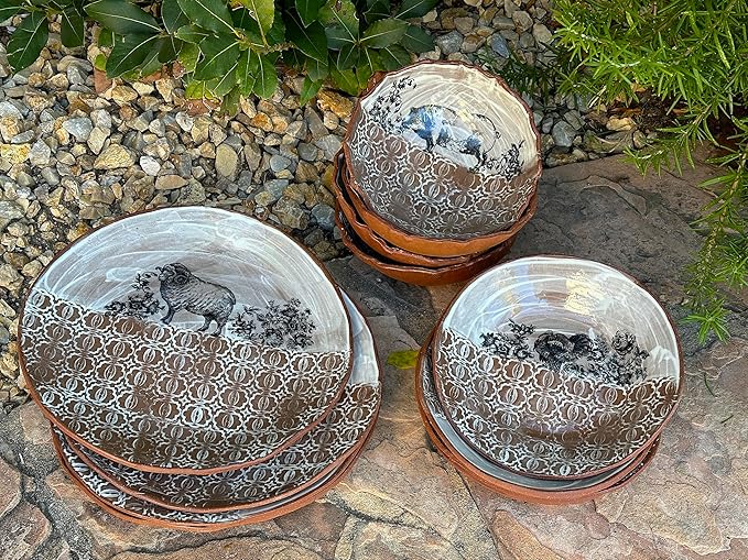 Ceramic White Brown Animal Dinner Plate Set of 4, Handmade Artisan Tableware, Farmhouse Dinnerware Gift for Women, Men, Couples on Wedding Housewarming Birthday Xmas