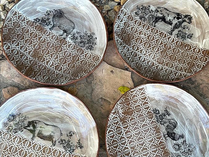 Ceramic White Brown Animal Dinner Plate Set of 4, Handmade Artisan Tableware, Farmhouse Dinnerware Gift for Women, Men, Couples on Wedding Housewarming Birthday Xmas
