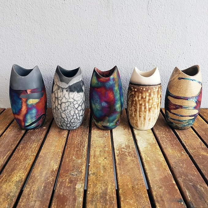 Koi 6.3 inch Handmade Ceramic Raku Vase - Modern Boho Rainbow Wall Art Handmade Home Decor Unique Minimalist - Obvara