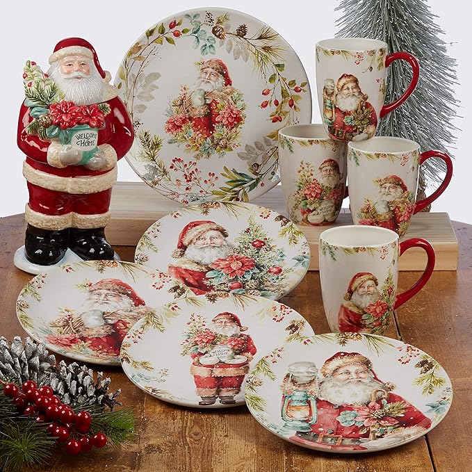 Christmas Story 16pc Dinnerware Set – Service for 4 with Santa Plates, Bowls & Mugs – Vintage Holiday Ceramic Set Featuring Festive Art, Red Accents & Seasonal Charm
