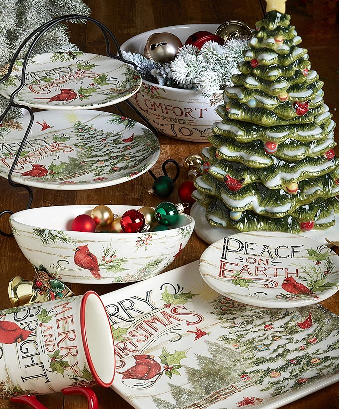 Evergreen Christmas 16x12 Rectangular Serving Platter with Santa & Tree Design – Festive Holiday Ceramic Tray for Roasts, Cookies, Charcuterie, and Holiday Entertaining – Set a Merry Table
