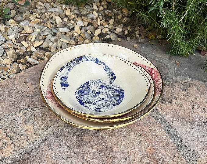 Red Gold and Blue Pasta or Salad Bowl Set for Two with Seashell Design, Handmade Dinnerware, Artisan Tableware, Gifts for Couples, Newlyweds, Housewarming