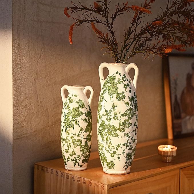 VICTOR & TERESA Green White Floor Vase for Pampas Grass, 11'' Tall Vase for Home Decor, Ceramic Farmhouse Decorative Large Vases for Flower, Mantel, Living Room, Shelf, Centerpieces, Gift for Mom