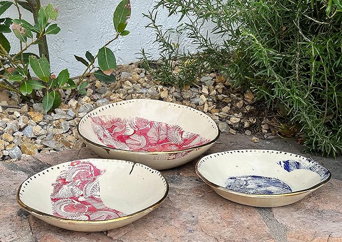 Red Gold and Blue Pasta or Salad Bowl Set for Two with Seashell Design, Handmade Dinnerware, Artisan Tableware, Gifts for Couples, Newlyweds, Housewarming