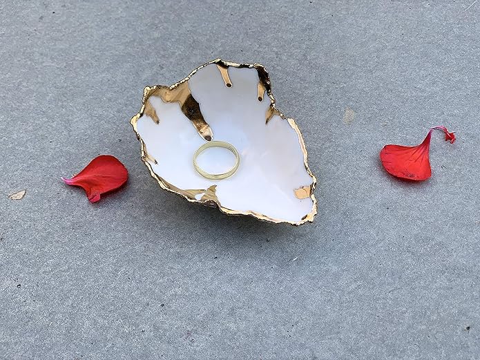 Ceramic White and Gold Sea Shell Ring Dish, Handmade Jewelry Bowl, Unique Gift for Her, Women, Mom, Bride, Girlfriend on Birthday, Anniversary, Wedding, Bridal Shower - Please Read Description
