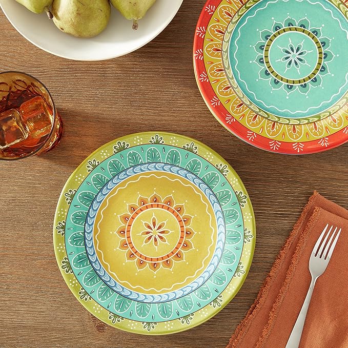 Valencia 8.75" Ceramic Dessert Plates Set of 4 – Multicolor Boho Style Glazed Plates, Dishwasher & Microwave Safe, Vibrant Ceramic Side Plates for Indoor Outdoor Use