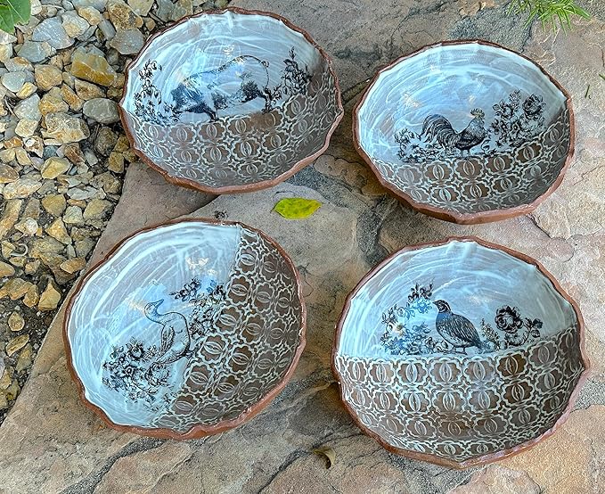 Ceramic White and Brown Animal Bowl Set of 4 for Soup, Cereal, Salad, Rice, Ramen, Noodles, Handmade Artisan Dinnerware, Gift for Women, Men, Couples on Wedding, Housewarming, Birthday and Holidays