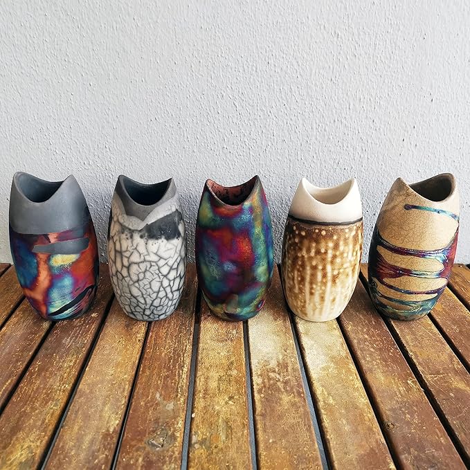 RAAQUU Koi Raku Ceramic Pottery Vase - Handmade Kitchen / Living Table Centerpiece Home Décor / Unique Gift for Her, Mom in Smoked Raku (KOII-SR)