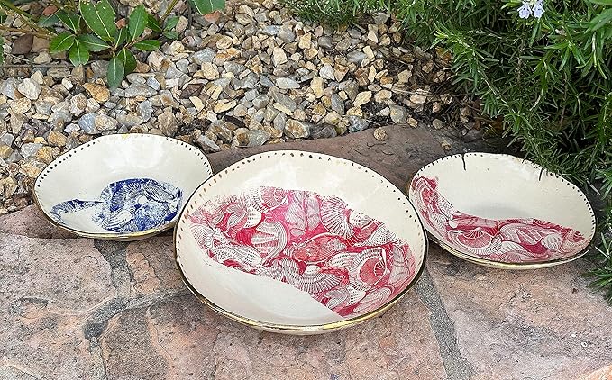 Red Gold and Blue Pasta or Salad Bowl Set for Two with Seashell Design, Handmade Dinnerware, Artisan Tableware, Gifts for Couples, Newlyweds, Housewarming