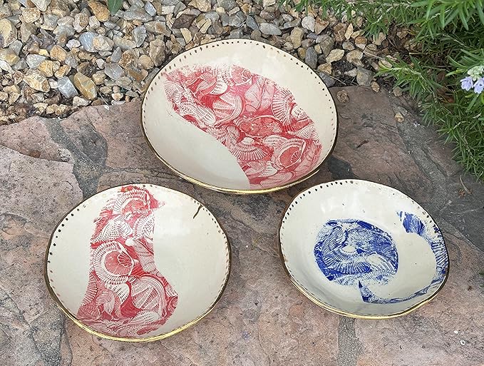 Red Gold and Blue Pasta or Salad Bowl Set for Two with Seashell Design, Handmade Dinnerware, Artisan Tableware, Gifts for Couples, Newlyweds, Housewarming